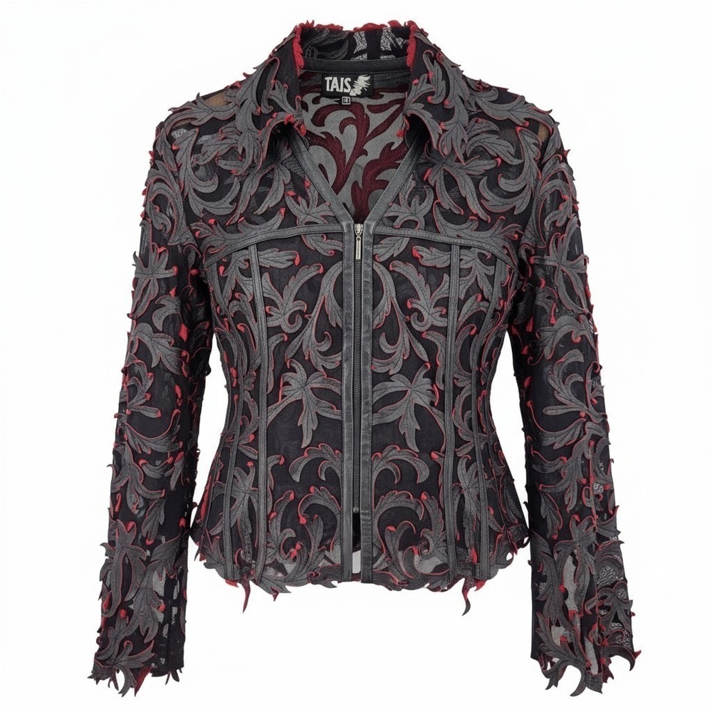 Vintage 90s TAIS Sheer Mesh Jacket Women XL Black Red Leather Steampunk Goth